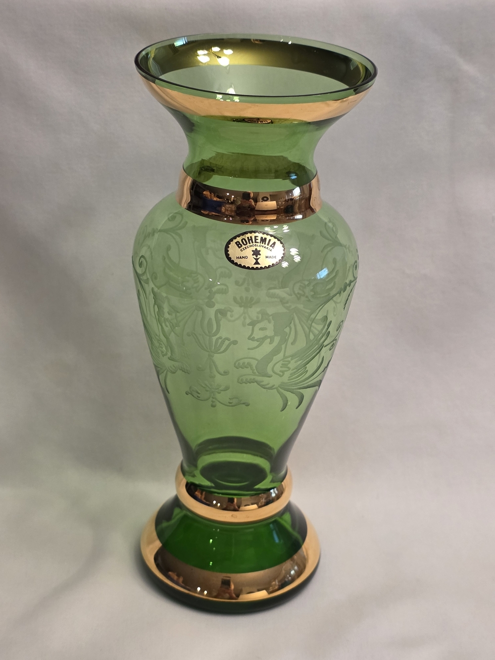 Green Glass Vase with Gold Trim